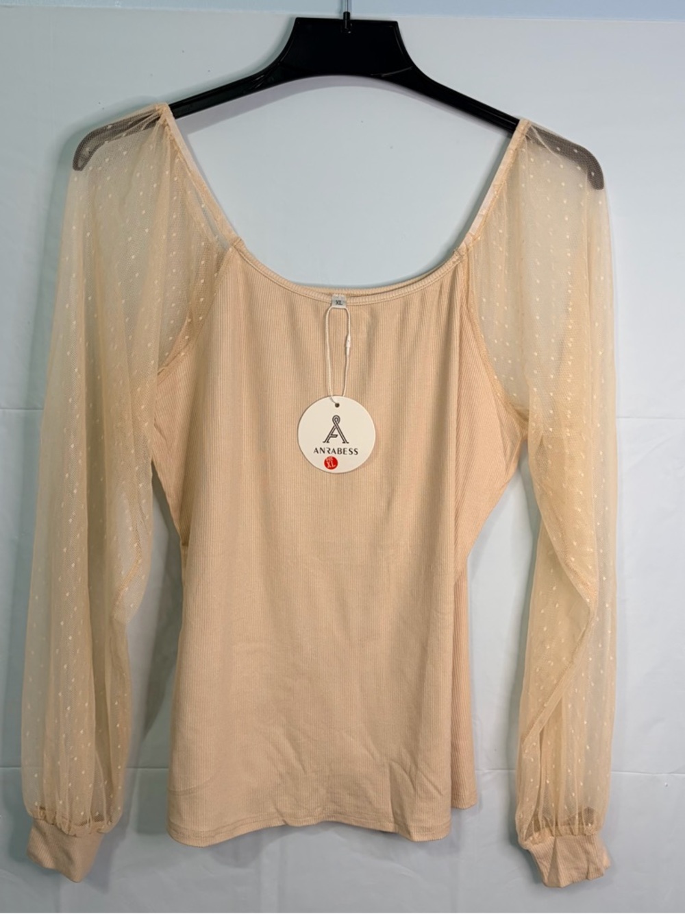 Anrabess Cream Scoop Neck Blouse with Sheer Dot Sleeves